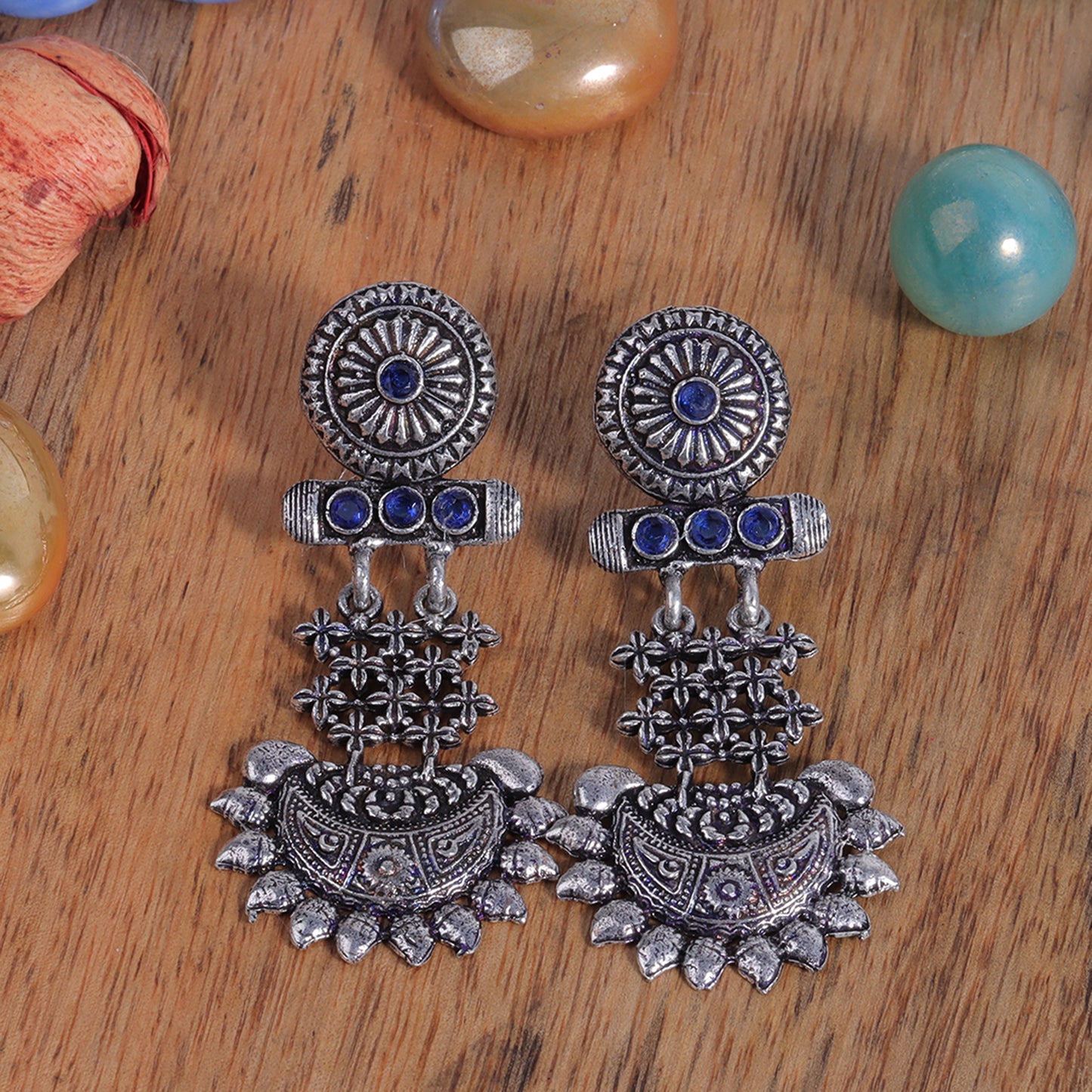 Blue Stone Studded Rajwada Style Statement Danglers