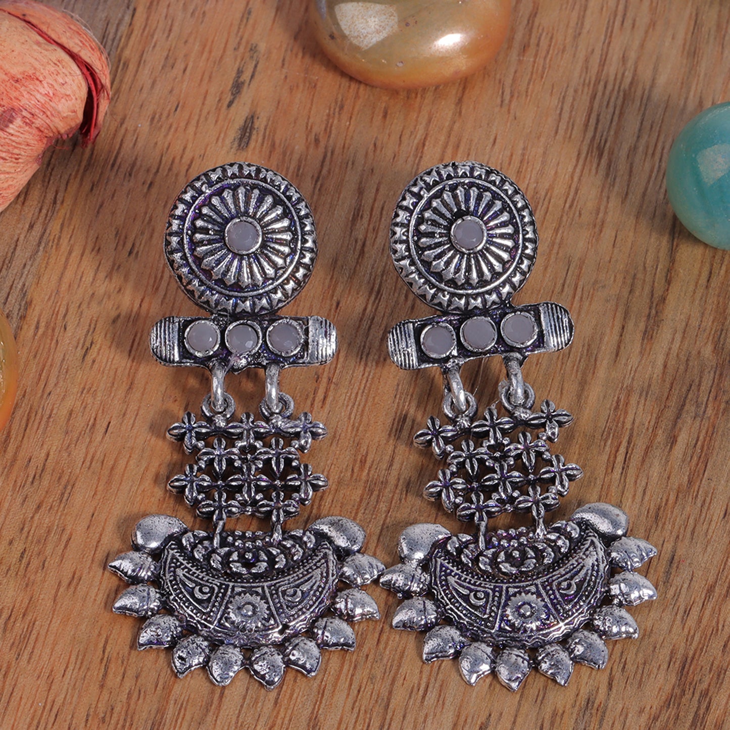 Grey Stone Studded Rajwada Style Statement Danglers