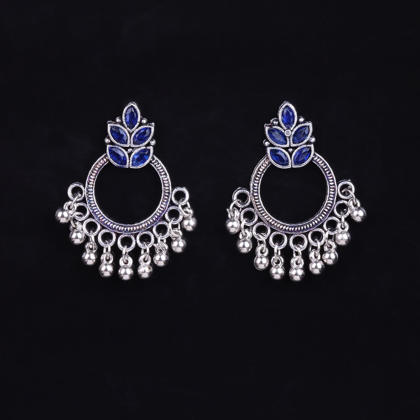 Blue Stone Studded Intricate Oxidised Earrings