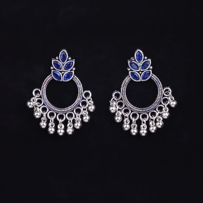 Blue Stone Studded Intricate Oxidised Earrings