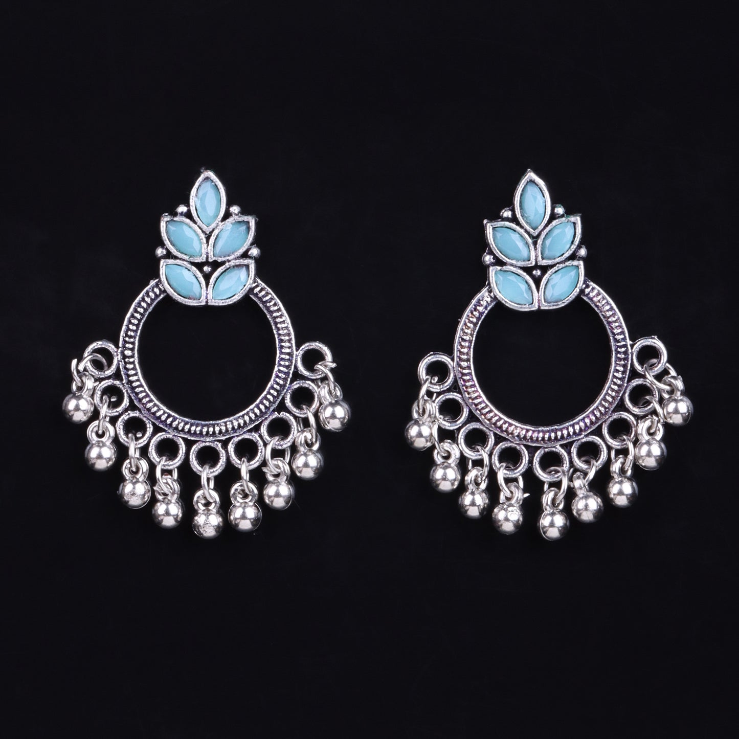 Mint Stone Studded Intricate Oxidised Earrings