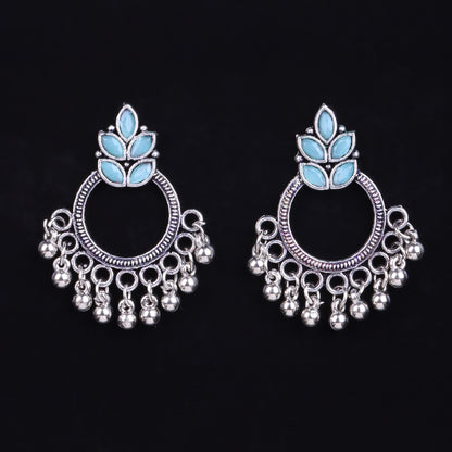 Mint Stone Studded Intricate Oxidised Earrings