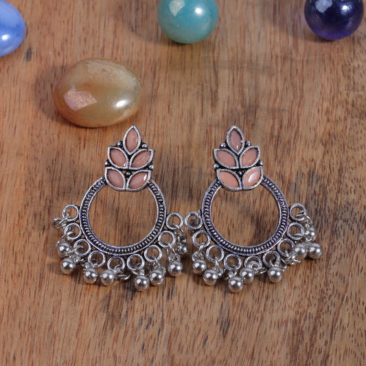 Light Orangish Stone Studded Intricate Oxidised Earrings