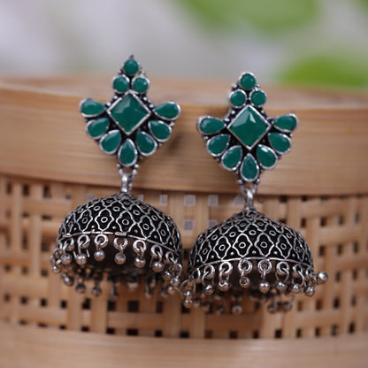 Green Stone Studded Hanging Brass Jhumki Danglers