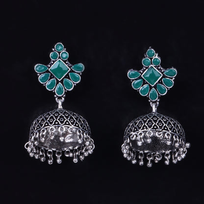 Green Stone Studded Hanging Brass Jhumki Danglers