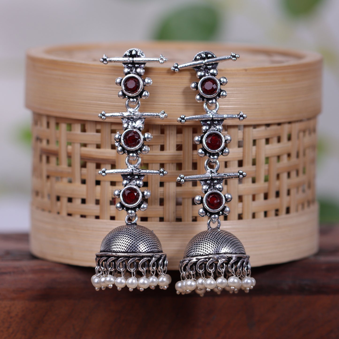 Dark Maroon Stone Studded Triple Layered Jhumkas