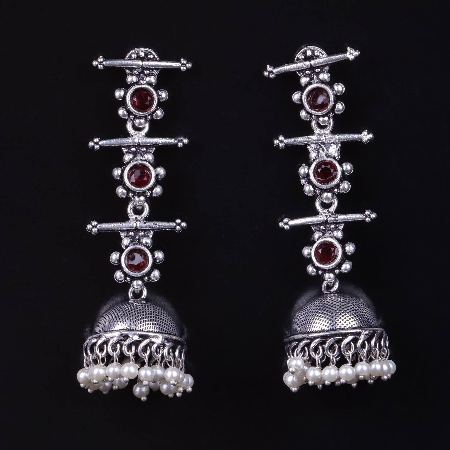 Dark Maroon Stone Studded Triple Layered Jhumkas