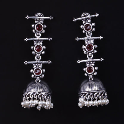 Dark Maroon Stone Studded Triple Layered Jhumkas