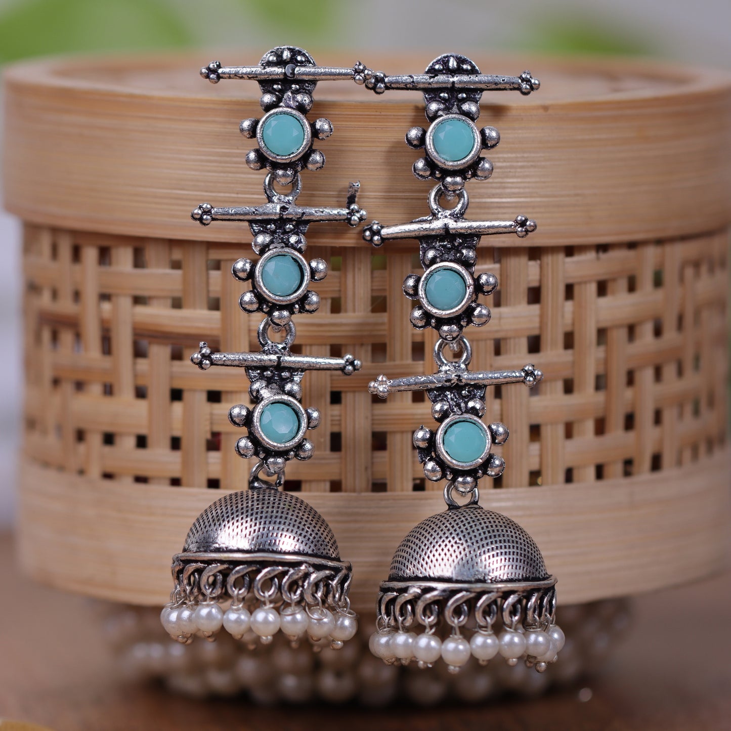 Mint Stone Studded Triple Layered Jhumkas