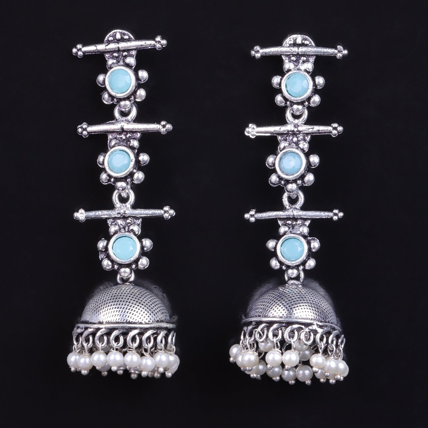 Mint Stone Studded Triple Layered Jhumkas