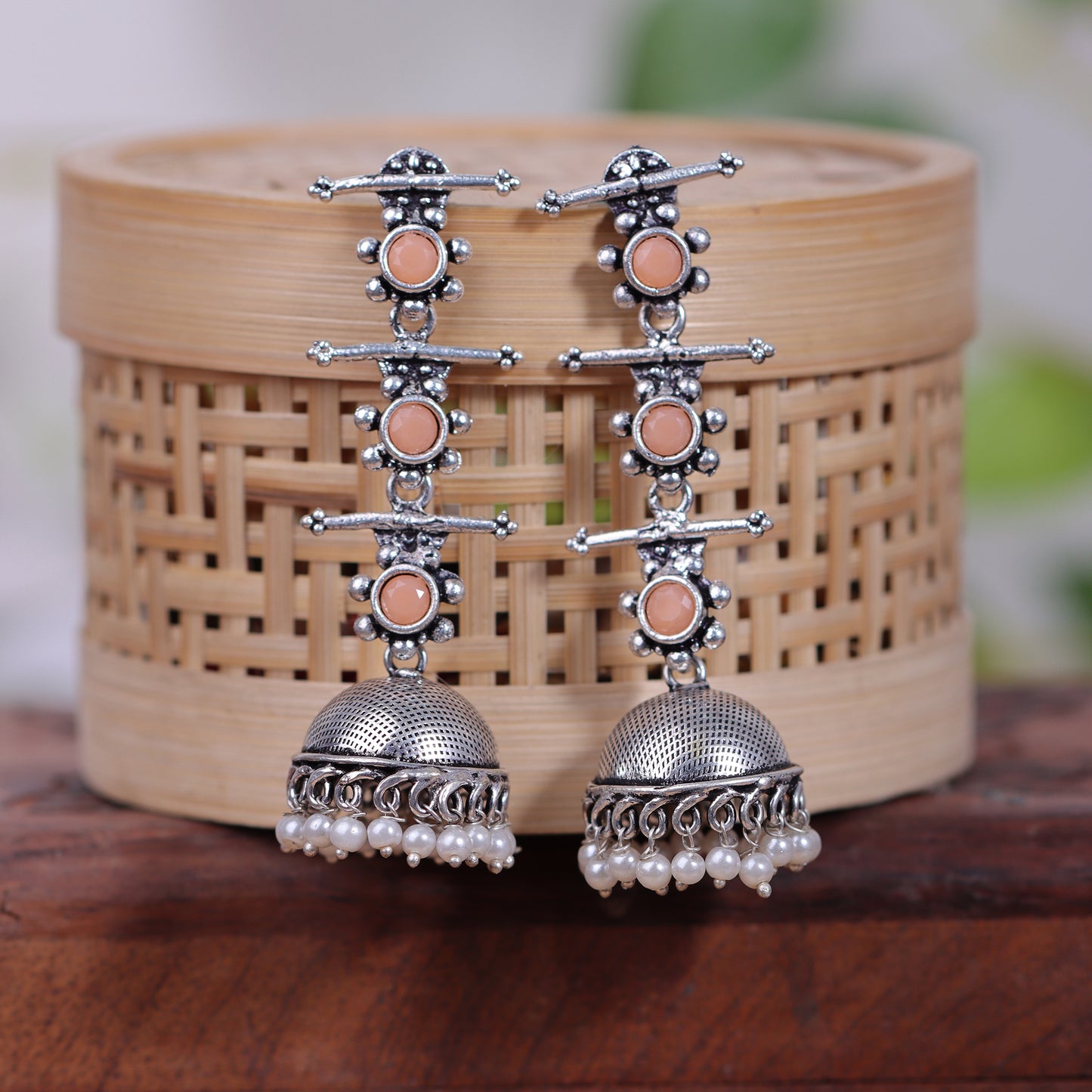 Light Orangish Stone Studded Triple Layered Jhumkas