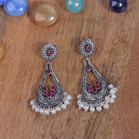 Red Stone Studded Statement Earrings With Hanging Pearls