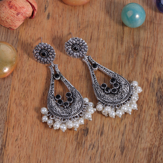 Black Stone Studded Statement Earrings With Hanging Pearls