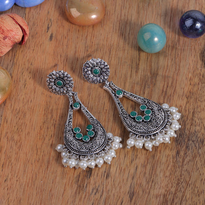 Green Stone Studded Statement Earrings With Hanging Pearls