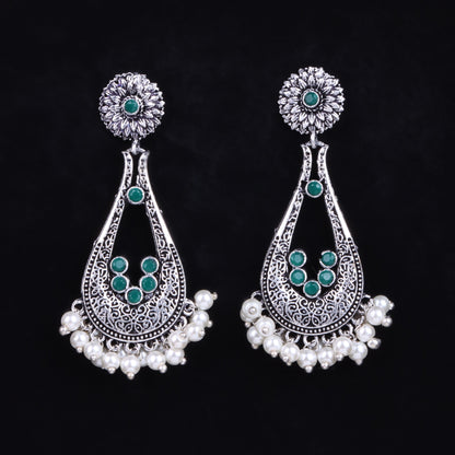 Green Stone Studded Statement Earrings With Hanging Pearls