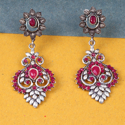 Red Stone Studded Statement Oxidised Earrings