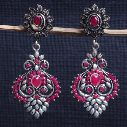 Red Stone Studded Statement Oxidised Earrings