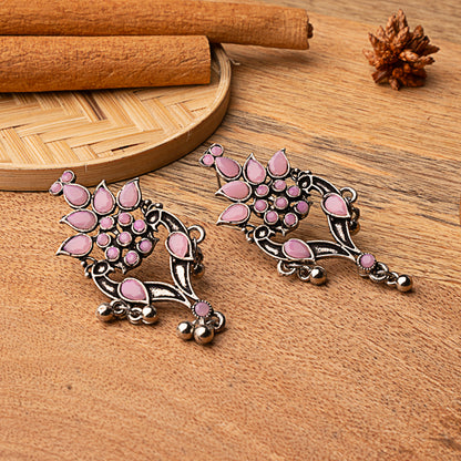 Baby Pink Stone Studded Oxidised Dangler Earrings