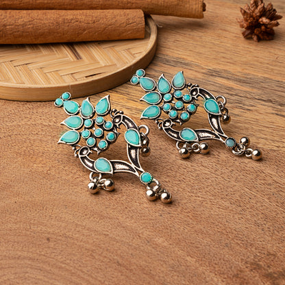 Mint Stone Studded Oxidised Dangler Earrings