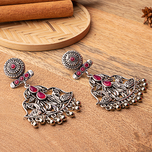 Red Stone Studded Oxidised Danglers