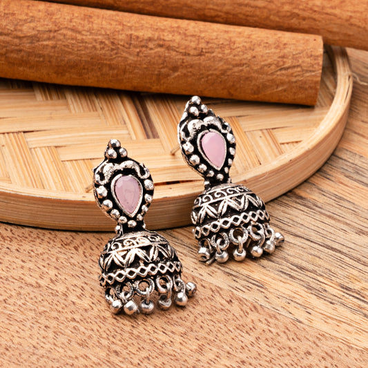 Baby Pink Stone Studded Beautiful Oxidised Earrings