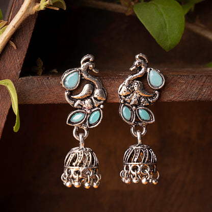 Mint Stone Studded Peacock Oxidised Earrings With Hanging Jhumki