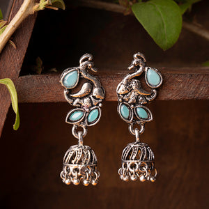 Mint Stone Studded Peacock Oxidised Earrings With Hanging Jhumki