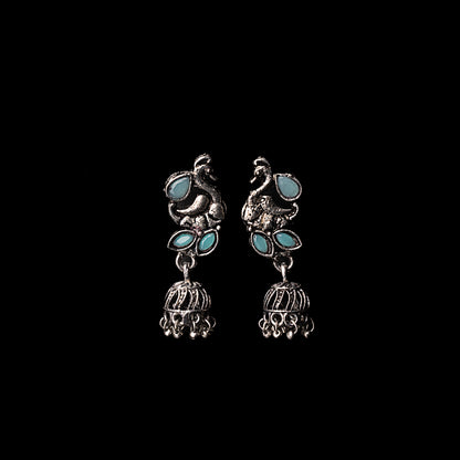 Mint Stone Studded Peacock Oxidised Earrings With Hanging Jhumki