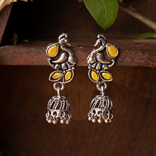 Yellow Stone Studded Peacock Oxidised Earrings With Hanging Jhumki