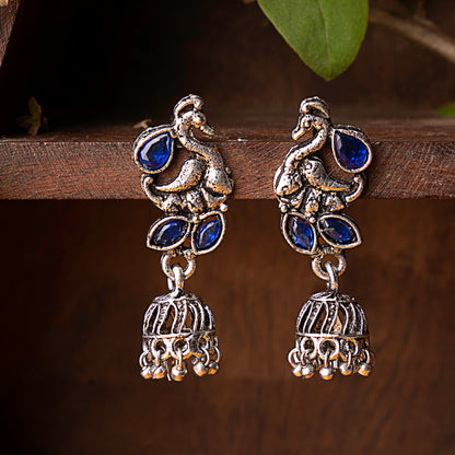 Blue Stone Studded Peacock Oxidised Earrings With Hanging Jhumki