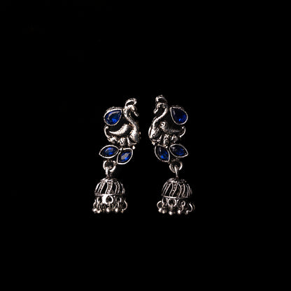 Blue Stone Studded Peacock Oxidised Earrings With Hanging Jhumki