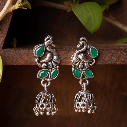 Green Stone Studded Peacock Oxidised Earrings With Hanging Jhumki