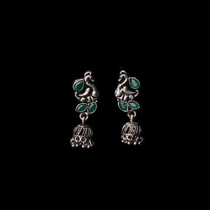 Green Stone Studded Peacock Oxidised Earrings With Hanging Jhumki