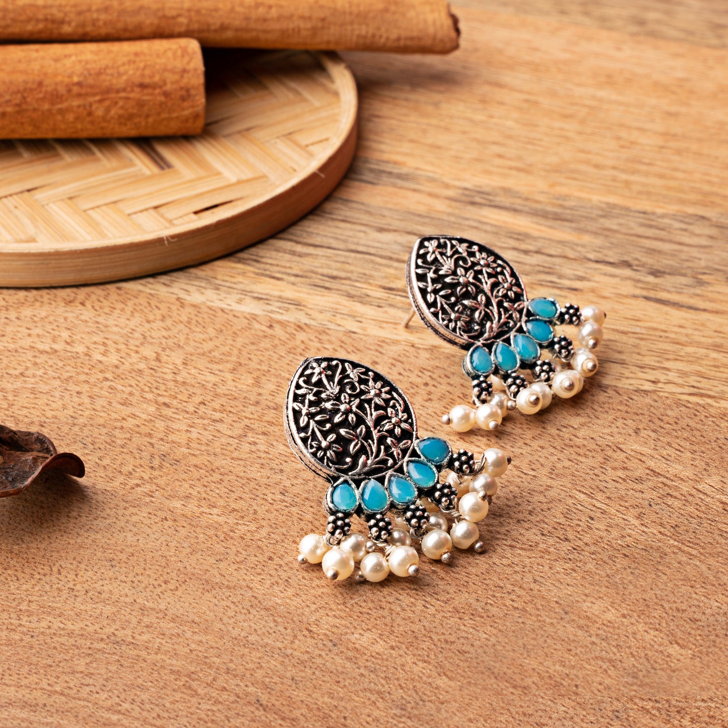 Sky Blue Stone Studded Elegant Oxidised Stud Earrings