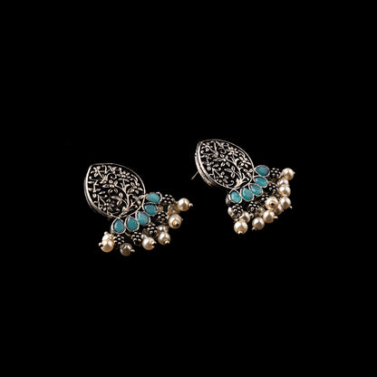 Mint Stone Studded Elegant Oxidised Stud Earrings