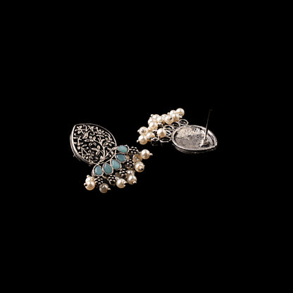 Mint Stone Studded Elegant Oxidised Stud Earrings