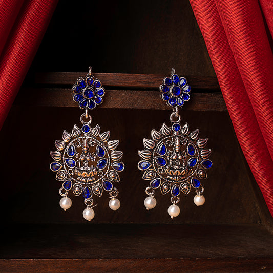 Blue Stone Studded Laxmi Motif Oxidised Earrings With Hanging Pearls