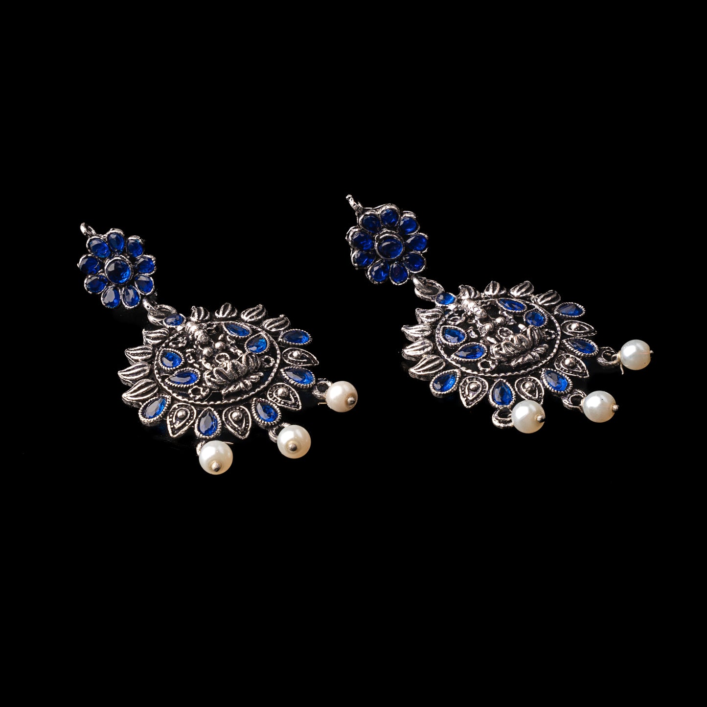 Blue Stone Studded Laxmi Motif Oxidised Earrings With Hanging Pearls