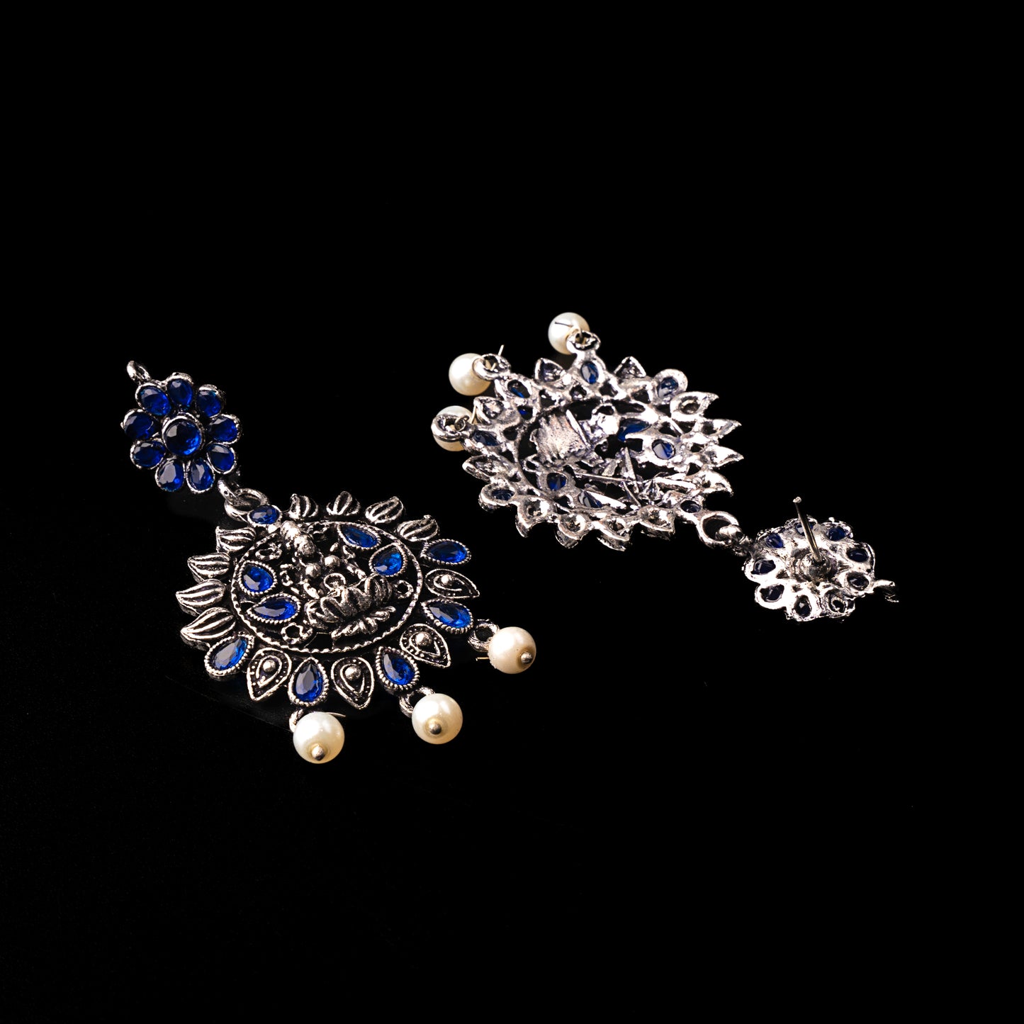 Blue Stone Studded Laxmi Motif Oxidised Earrings With Hanging Pearls