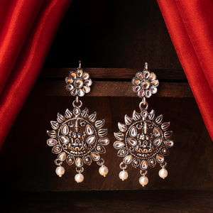 White Stone Studded Laxmi Motif Oxidised Earrings With Hanging Pearls
