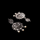 White Stone Studded Laxmi Motif Oxidised Earrings With Hanging Pearls