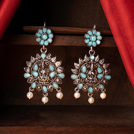 Mint Stone Studded Laxmi Motif Oxidised Earrings With Hanging Pearls