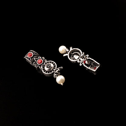 Dark Red Stone Studded Beautiful Oxidised Studs With Hanging Pearl