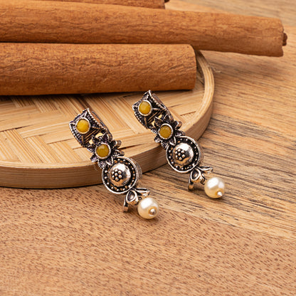 Yellow Stone Studded Beautiful Oxidised Studs With Hanging Pearl