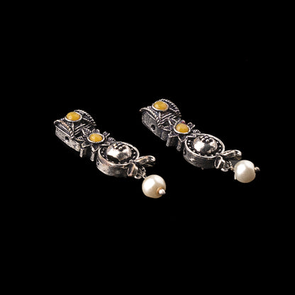 Yellow Stone Studded Beautiful Oxidised Studs With Hanging Pearl