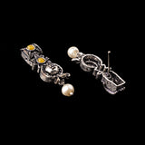 Yellow Stone Studded Beautiful Oxidised Studs With Hanging Pearl