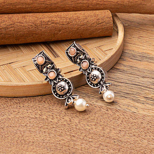 Light Orangish Stone Studded Beautiful Oxidised Studs With Hanging Pearl