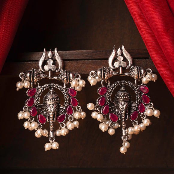 Red Stone Studded Beautiful Ganesha Earrings With Hanging Baby Pearls