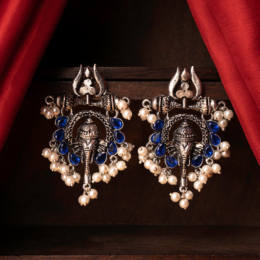 Blue Stone Studded Beautiful Ganesha Earrings With Hanging Baby Pearls