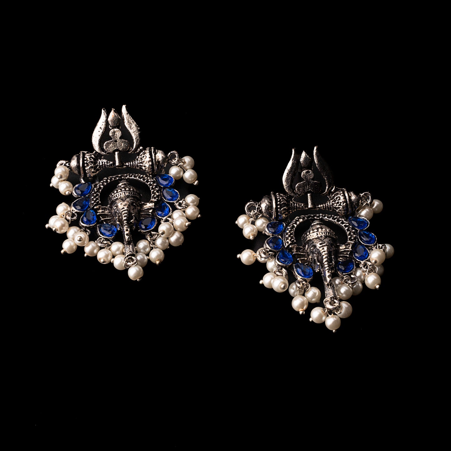 Blue Stone Studded Beautiful Ganesha Earrings With Hanging Baby Pearls